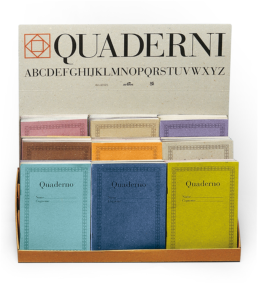 QUADERNI display unit featuring a colorful mix of covers