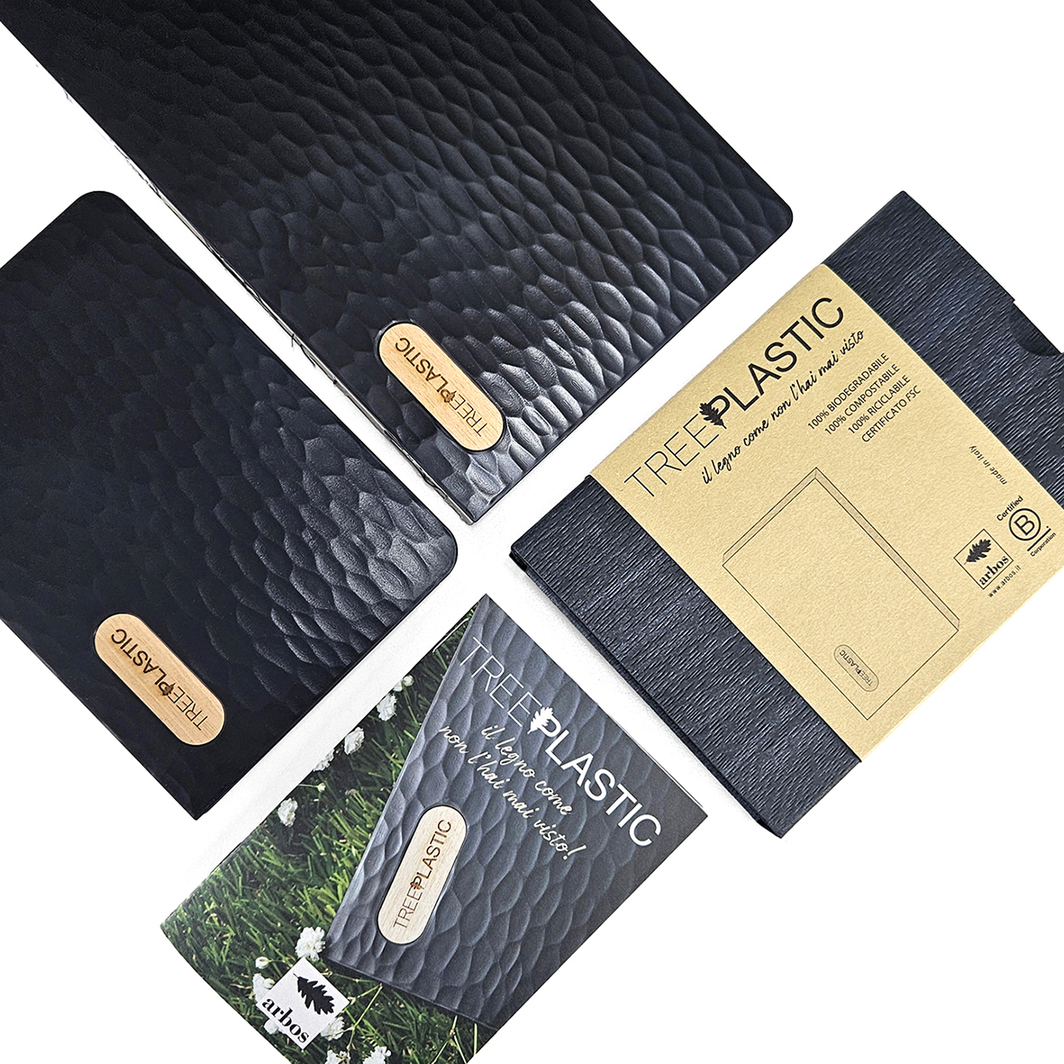 Taccuino Treeplastic in carta riciclata copertina rigida apertura superflat, confezione regalo