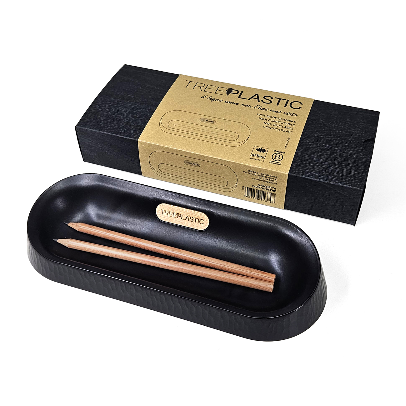 Vaschetta svuotatasche Treeplastic, inserto in legno, confezione regalo con libretto garanzia