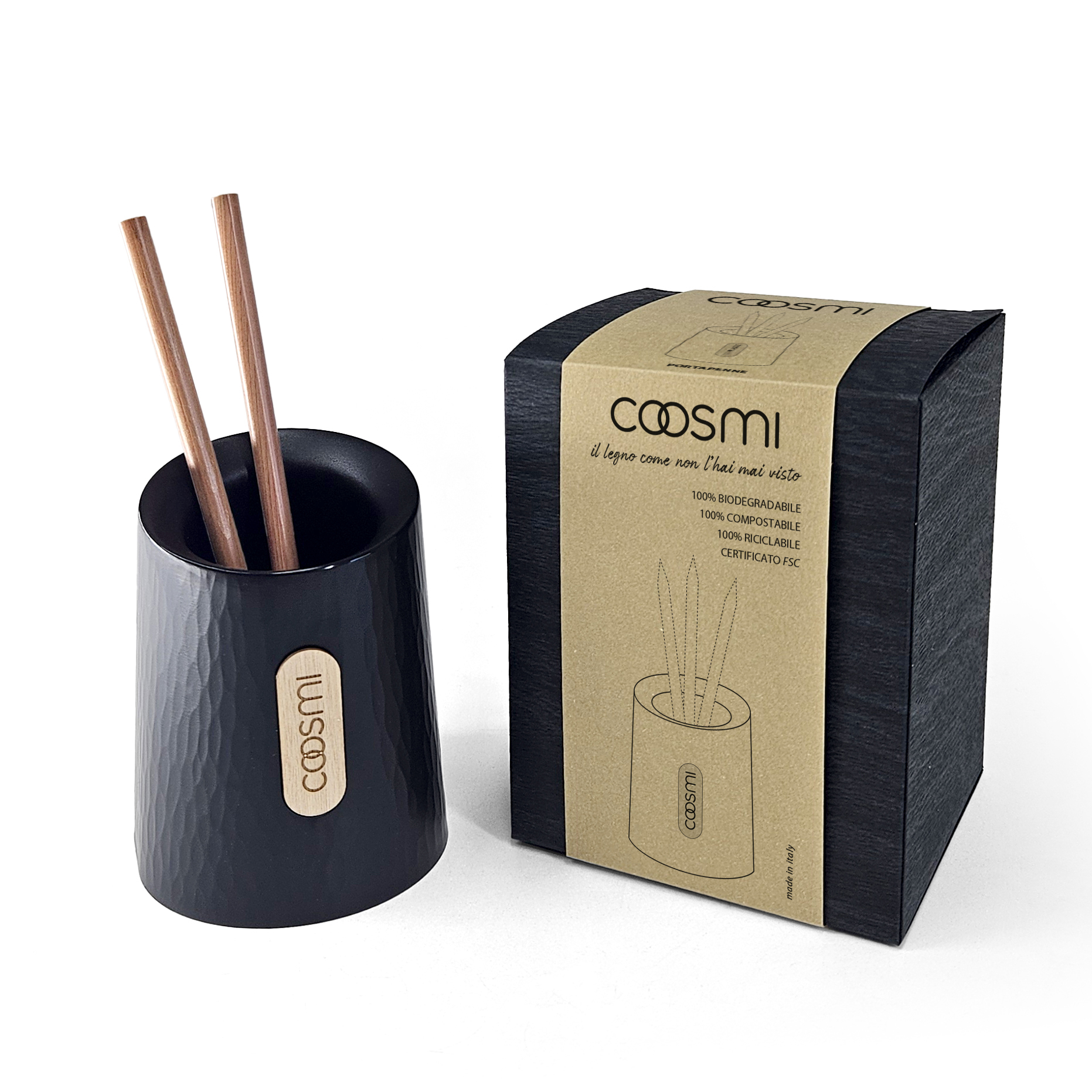 TREEPLASTIC pen holder made from recycled wood.