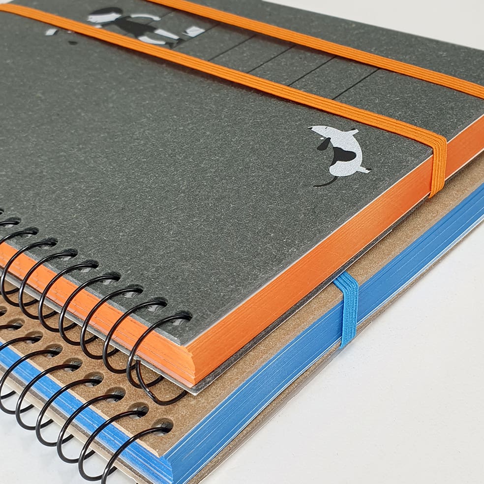 Arbos spiral bound notebook with recyled leather cover, double elastic and coloured edges