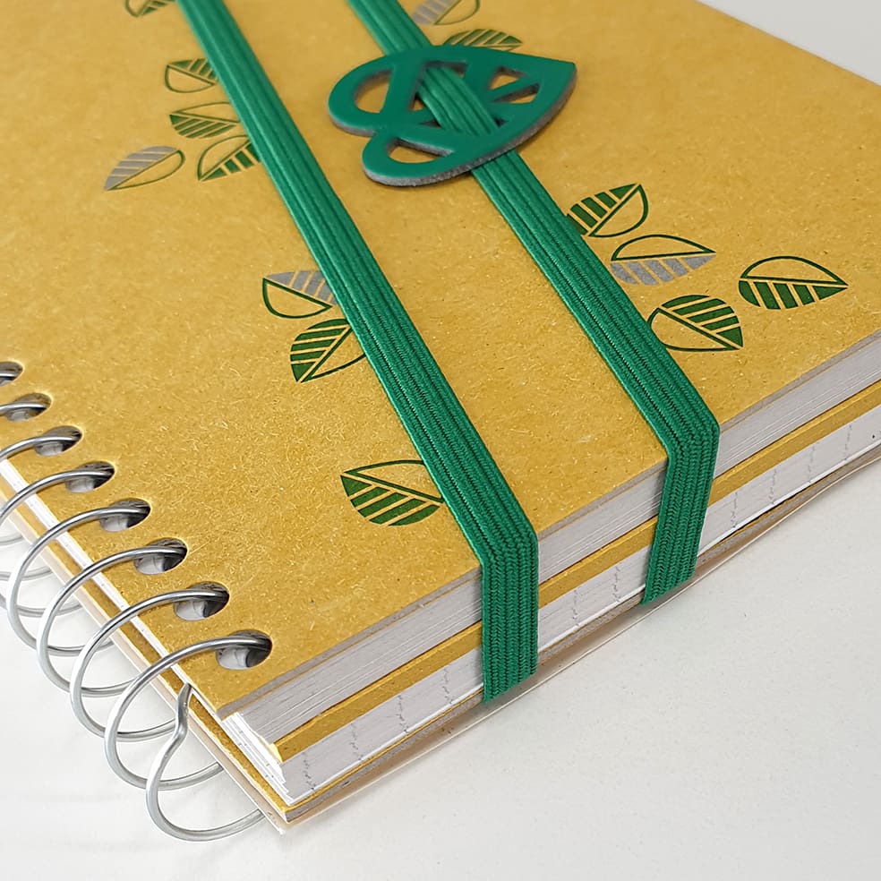 Arbos spiral notebook with double elastic band and recycled leather decorative element