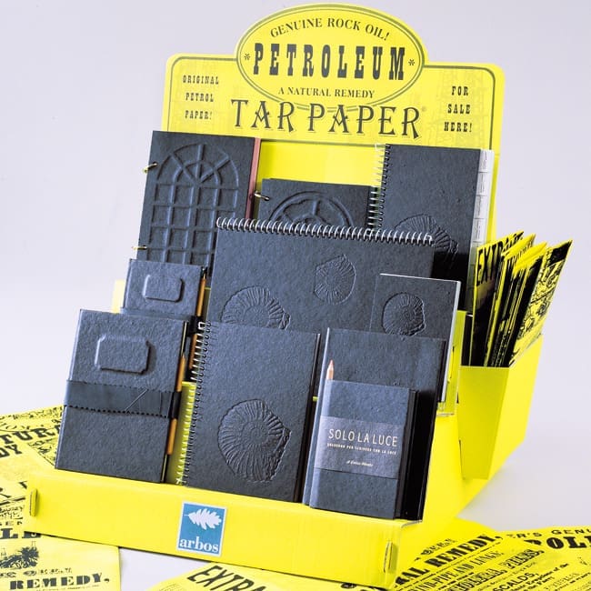 Designer notebooks of the Tar Paper line made with petroleum paper